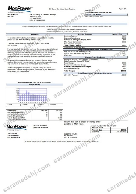USA Mon Power utility bill template in Word and PDF format